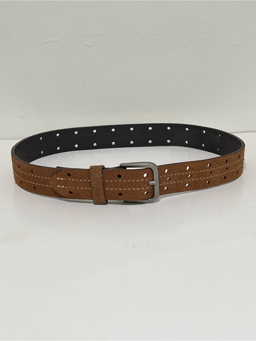 Brown Suede Leather Belt Perforated Contrast Stitching Gun Metal Buckle Men 27